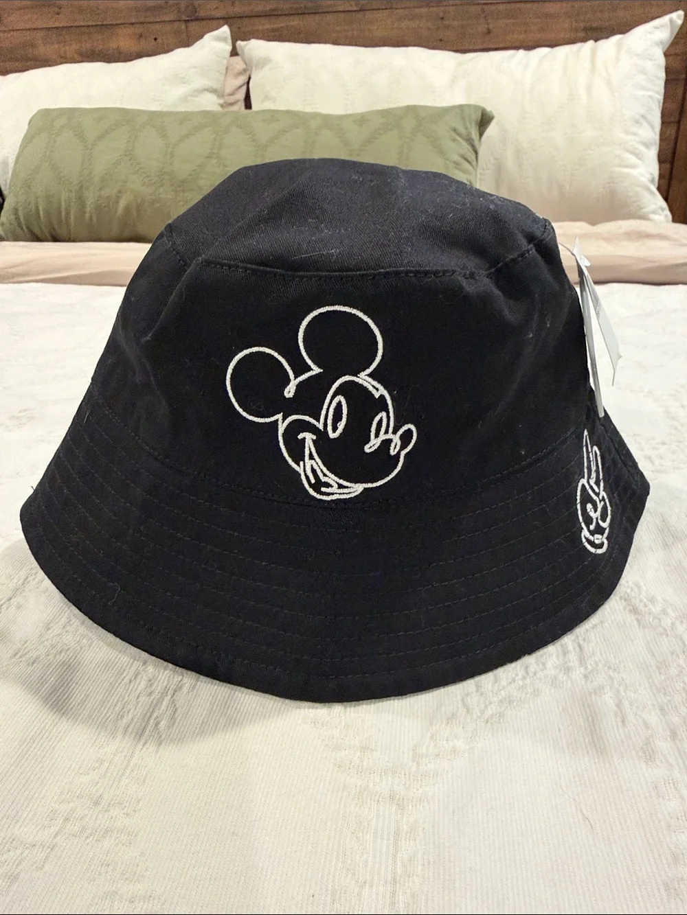 Disney Black Bucket Hat with White Mickey Outline and Peace Hand